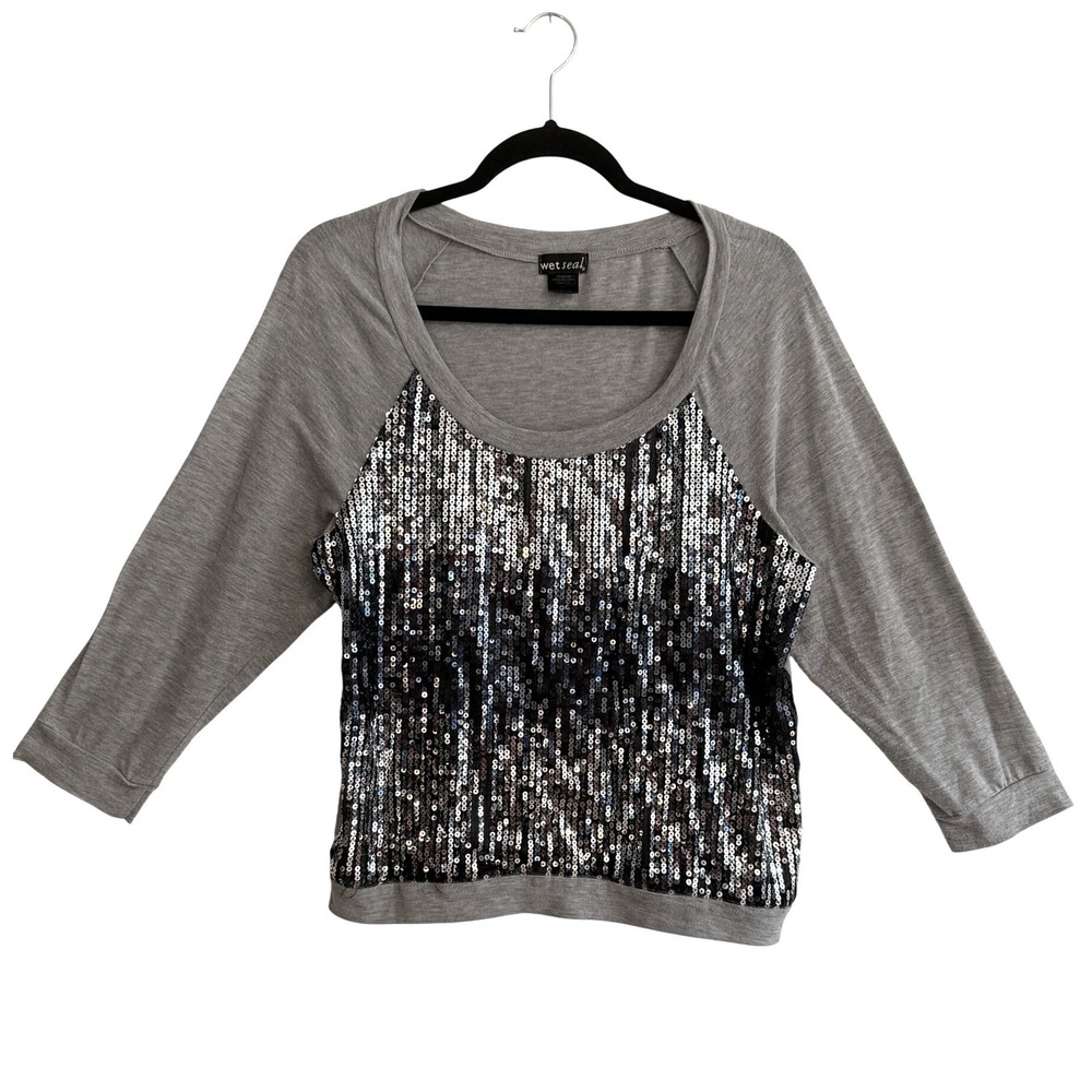 Y2K Wet Seal Sequin Top Womens XL Gray Raglan Sleeve Glam Festival Disco Sparkly